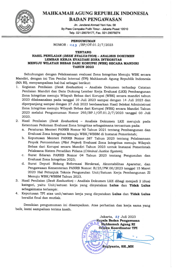 PENGUMUMAN HASIL DESK EVALUATION WBK dan JADWAL 001